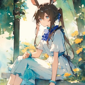 1girl, 1girl, amiya \(arknights\), arknights,
casual fashion, flowers, sitting,
masterpiece, best quality, very aesthetic , traditional media,  watercolor \(medium\), scenery