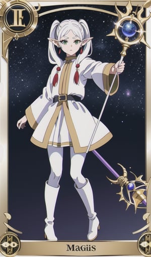 1girl, Frieren, Sousou no Frieren, elf, white hair, long ears, side pigtails, white eyebrows, small and bulging eyebrows, green eyes, serious look, red earrings, white robe with gold trim, black pantyhose, long boots, brown boots, holds magic staff, tarot card border, high definition, maximum details, full body, looking at viewer, magic background, starry background, masterpiece