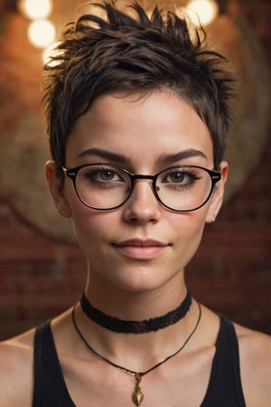 photo, rule of thirds, dramatic lighting, short fairy hair, detailed face, detailed nose, woman wearing tank top, wearing glasses,  choker, smirk, intricate background ,realism,realistic,raw,analog,woman,portrait,photorealistic