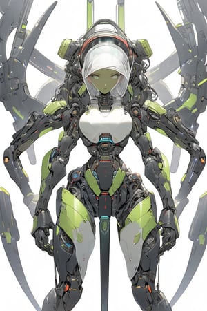 (absurdres, texture, ultimate-detailed, fine face), simple flat illustration, futurepunk, ambivalence, science fiction, gallant, futuristic see-through body android girl with tactical weapon crawling all over its body, standing in honor, hold a futuristic sword, mechanical weapon arms and hands, white background,