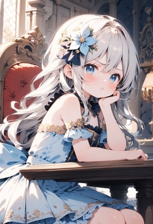Masterpiece, beautiful details, perfect focus, uniform 8K wallpaper, high resolution, exquisite texture in every detail,
in castle room,
1loli, solo, princess, formal dress , sky blue dress  , white hair , long hair, shining aura ,  flower hair accessories ,  black trim , sitting on chair , :c , angry , hand on cheek and elbow on armrest , hand on armrest