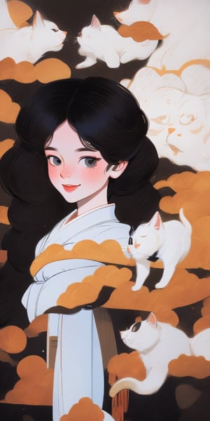 (full body portrait of a Japanese girl in the style of Conrad Roset, Nicola Samori), (extra long shiny black curly hair, cat ears), (pure white kimono:1.6), light smile, more detail XL,K-Eyes