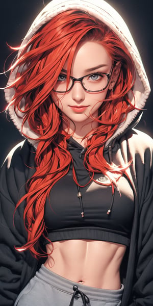4k,best quality,masterpiece,20yo 1girl,(cropped sweatshirt),(demin pant), alluring smile, open hoodie,

(Beautiful and detailed eyes),
Detailed face, detailed eyes, double eyelids ,thin face, freckles, wearing glasses, real hands, muscular fit body, semi visible abs, ((short hair with long locks:1.2)), red hair, black background,


real person, color splash style photo,
