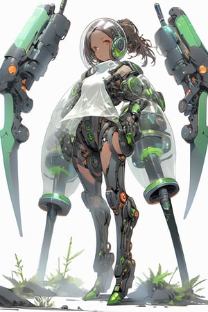 (absurdres, texture, ultimate-detailed, fine face), simple flat illustration, futurepunk, ambivalence, science fiction, gallant, futuristic see-through body android girl with tactical weapon crawling all over its body, standing in honor, hold a futuristic sword, mechanical weapon arms and hands, white background,