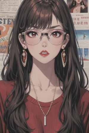newspaper wall, glasses, parted lips, looking over eyewear,  black jacket, jewelry, long hair, jacket, red shirt, solo, upper body, brown hair, 1girl, necklace, earrings, red sweater, looking at viewer, red-tinted eyewear, sweater, red jacket, red lips ,Crazy face ,glitter,YAMATO,guweiz style