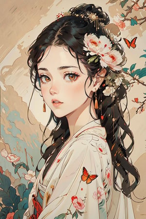  A girl, wearing hanfu, peony garden, butterfly, (negative space:1.4), gold and white and red hue, white background, (Cinematic lighting, ethereal light, intricate details, extremely detailed, incredible details, full colored), complex details, hyper maximalist, gorgeous light and shadow, detailed decoration, detailed lines. masterpiece, best quality, HDR, UHD, unreal engine. looking at the camera, fair skin, beautiful face,