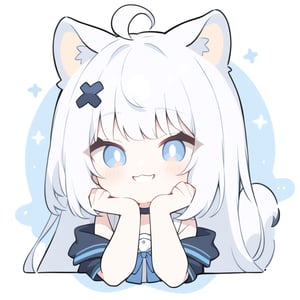 (chibi style), {{{masterpiece}}}, {{{best quality}}}, {{ultra-detailed}}, {beautiful detailed eyes},1girl, solo,  ((white hair)), very long hair, blue eyes, (straight hair), (bangs), animal ears, (stoat ears:1.2), Choker, ahoge, fangs, (big stoat Tail:1.2), (blue X hairpin), (White sleeveless collared dress, (Two-piece dress), (blue chest bow)), (black hooded oversized jacket:1.2), (Off the shoulders), (smiling), (hands on face), upper body,chibi emote style,chibi,emote, cute,Emote Chibi,anime,cute comic,txznf,flat style