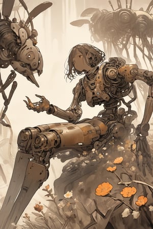 (absurdres, texture, ultimate detailed):1.3, flat illustration, faded oil painting, sepia color, (focus on knee), science fiction, gallant, disorder, rotten, ancient android girl with rust and flowers crawling all over its body, looking a bird on its palm curiously, mechanical arms and hands,