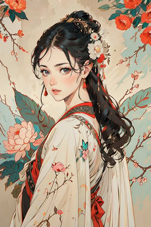  A girl, wearing hanfu, peony garden, butterfly, (negative space:1.4), gold and white and red hue, white background, (Cinematic lighting, ethereal light, intricate details, extremely detailed, incredible details, full colored), complex details, hyper maximalist, gorgeous light and shadow, detailed decoration, detailed lines. masterpiece, best quality, HDR, UHD, unreal engine. looking at the camera, fair skin, beautiful face,
