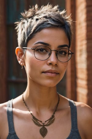 photo, rule of thirds, dramatic lighting, short fairy hair, detailed face, detailed nose, mexican woman wearing tank top, wearing glasses,  choker, smirk, intricate background ,realism,realistic,raw,analog,woman,portrait,photorealistic