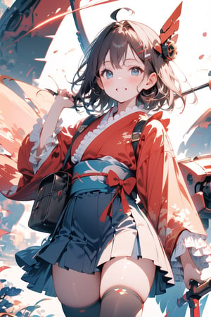 Masterpiece, beautiful details, perfect focus, uniform 8K wallpaper, high resolution, exquisite texture in every detail, ((double exposure: 1.7)), red theme,
1 girl, solo, looking at viewer, blush, blue eyes, smile, Japanese clothes, kimono, skirt, simple background, thigh-high socks, white background, holding, full body, weapon, ahoge, black hair, frills, wings , black skirt, holding a weapon, scythe, hairpin-shaped headgear, ((skirt with frills: 1.5)), mecha girl, giant mechanical wings, backpack