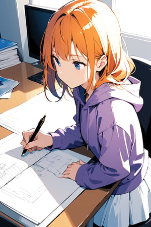 girl,wear purple hoodie ,long white skirt ,Orange hair ,blue eyes ,hold pen,draw manga,in office 