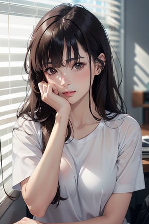 1girl, solo, long hair, looking at viewer, bangs, brown hair, shirt, brown eyes, closed mouth, white shirt, upper body, indoors, lips, grey shirt, hand on own face, realistic, blinds