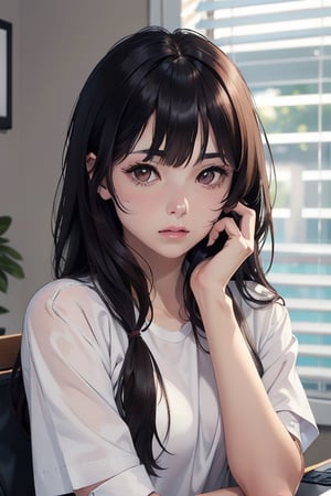 1girl, solo, long hair, looking at viewer, bangs, brown hair, shirt, brown eyes, closed mouth, white shirt, upper body, indoors, lips, grey shirt, hand on own face, realistic, blinds