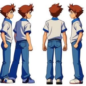 Design a full-body character model of an anime boy, depicting him from the front, back, left side, and right side. Additionally, create sprite sheets for each view to facilitate animation and character movement in different directions. The character design should be versatile, allowing for various poses and expressions to suit different storytelling needs.

Character Design:

Front View: Create a detailed illustration of the anime boy facing forward, showing his entire body from head to toe. Pay attention to proportions, clothing, and accessories to ensure a visually appealing and well-balanced character design.
Back View: Design a complementary illustration of the anime boy from the back, showcasing the details of his hairstyle, clothing, and any additional features not visible from the front.
Left Side View: Illustrate the anime boy from the left side, capturing his profile and any distinguishing features or accessories on that side.
Right Side View: Similarly, create an illustration of the anime boy from the right side, providing a complete view of his profile and any unique characteristics.
Sprite Sheets:

Front View Sprite Sheet: Organize a series of frames depicting the anime boy facing forward in various poses or animations. Ensure consistency in character design and proportions across all frames to maintain visual coherence.
Back View Sprite Sheet: Create frames showing the anime boy from the back, suitable for animating movements or actions from behind.
Left and Right Side Sprite Sheets: Develop separate sprite sheets for the anime boy's left and right side views, allowing for fluid animations and transitions in both directions.
Guidelines:

Use clear lines, bold colors, and defined shapes to enhance the character's visual appeal and readability in sprite form.
Pay attention to anatomical proportions and pose dynamics to create dynamic and lifelike character poses.
Provide multiple frames in each sprite sheet to accommodate a range of movements, gestures, and expressions for versatile animation purposes.
Ensure consistency in character design, clothing, and accessories across all views and sprite sheets to maintain character continuity.
