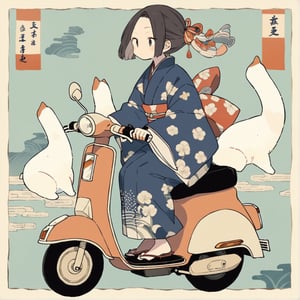 Kimono girl riding a scooter,ukiyo-e background, masterpiece, best quality, aesthetic 