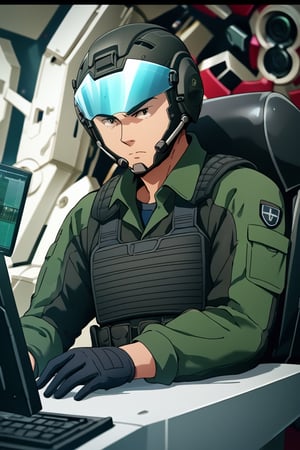 score_9,score_8_up,score_7_up, solo male, Isami Ao \(Brave Bang Bravern\), brown eyes, sanpaku, constricted pupils, ((green pilot jumpsuit, green sleeves)), (black tactical vest), ((helmet, blue visor)), (eyes behind visor), holding helmet, padded sleeves, tactical gloves, (upperbody), from front, mature, handsome, charming, alluring, masculine, serious, intense eyes, v-shaped eyebrows, close mouth, sitting, huge industrial mecha, mecha cockpit, operator's seat, throttle, joystick, seatbelt, multiple monitor screen, perfect anatomy, perfect proportions, best quality, masterpiece, high_resolution, dutch angle, photo background, science fiction, mecha, multiple monitors, cinematic, war, mecha, robot, cinematic still, emotional, harmonious, vignette, bokeh, cinemascope, moody, epic, gorgeous, city ruins, inside the mecha