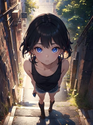 (masterpiece, best quality),(colored background) (finely detailed beautiful eyes),details, (extremely detailed CG unity 8k wallpaper, masterpiece, best quality, ultra-detailed, best shadow), (detailed background), (beautiful detailed face, beautiful detailed eyes), High contrast, (best illumination, an extremely delicate and beautiful), stunning beautiful, (loli), black_hair, eyeshadow, earrings, tank_top, hoodie, denim_shorts, boots, night, punk