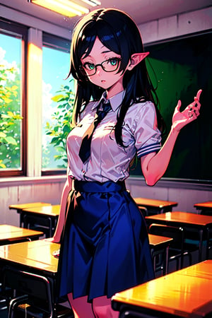 1girl, seifuku, tight, school girl, classroom, long skirt, glasses,frieren