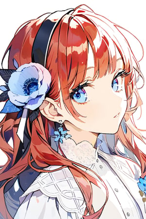 1girl, solo, long hair, , looking at viewer, bangs, blue eyes, red hair, simple background, shirt,, white background,white ribbon, jewelry, white shirt, upper body, flower, hairband, earrings, parted lips, hair flower, black hairband, white jacket, blue flower,female 