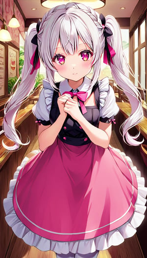 girl, maid cafe ,twin_tails hair,white hair,pink eyes,cute,wear cute Waitress dress