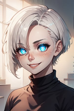 score_9_up, score_8_up, score_7_up, score_6_up, source_anime, ratings_safe, 1girl, face art. glowing eyes, heart_shaped_pupils, glowing pupils, smirky smile, freckles, bobcut hair, white hair, hairs covering her eyes, closeup shot, black turtleneck on neck, black stroke lines, motion_lines, anime style, illustration