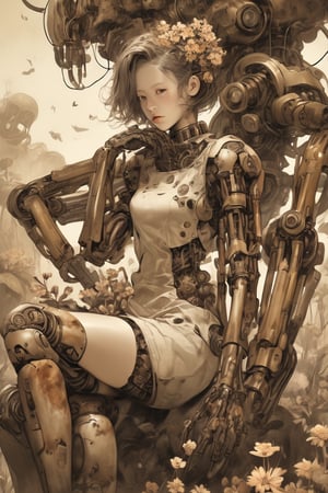 (absurdres, texture, insane-detailed):1.3, flat illustration, faded oil painting, sepia color, (focus on knee), science fiction, gallant, disorder, rotten, ancient android girl with rust and flowers crawling all over its body, A bird is on her hand. She looks a bird curiously. mechanical arms and hands,
