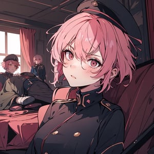 masterpiece, best quality, ultra detailed, 1 old woman, very detailed, perfect face, short hair, pale pink hair, pink eyes (perfect female body), brown military clothing dress, military hat. Serious and dead look, war, full of hate, terrifying in a room full of corpses. Red tones, dark environments, low light