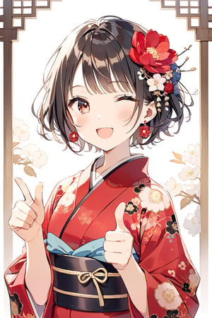 a cute girl,dark brown short hair BREAK red flower hair ornament BREAK red kimono,（eyes closed：1.4）,（double thumbs up：1.2）,:d,natural light,dangle earrings,flower hairpin,blush,masterpiece, best quality, aethetic