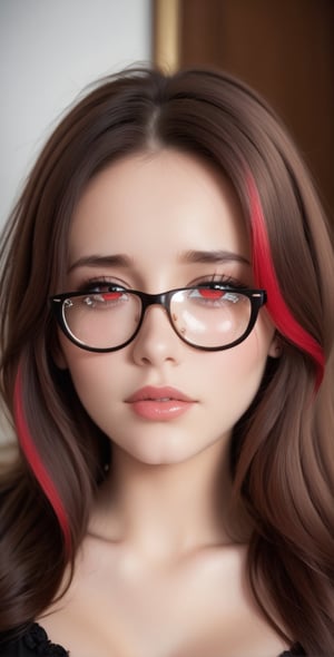 masterpiece, high quality, 4k quality, 8k quality, 1 woman, 40 year old woman, short and slightly unkempt hair, brown hair with small red highlights, a beautiful and well detailed face, beautiful and well detailed crimson eyes, expression of sadness in her eyes, sad face, with small tears in her eyes, tears on her cheekbones, piercing in her nose and lower lip, black lips, wearing dark transparent glasses that reveal her sadness, focus on face,