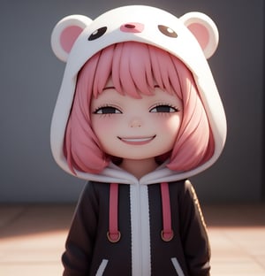 Masterpiece, Best Quality, High Resolution, PVC, Rendering, Chibi, High Resolution, One Girl, Anya Forger, Pink Hair, Bob Hair, Bear Costume, Gray Eyes, Smile, Selfish Target, Chibi, Mediterranean Cityscape, Smile, Smile, Self-righteousness, Full Body, Chibi, 3D Figure, Toy, Doll, Character Print, Front View, Natural Light, ((Real)) 1.2)), Dynamic Pose, Medium Movement, Perfect Movie-like perfect lighting, perfect composition, costume, anya_forger_spyxfamily, JediOutfit,BnnBnn