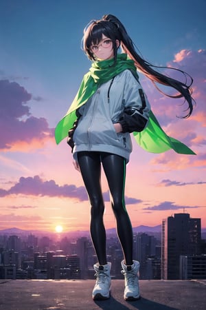 The picture shows a character wearing a white hooded jacket and black leggins. The character is wearing a green scarf that partially covers the lower part of his face. The background is neon sunset, creating a comfortable retro atmosphere. make anime girl. very detailed illustration, 8K. full body, boots, add milieu glasses that emphasise her stern look. Black hairs in ponytails