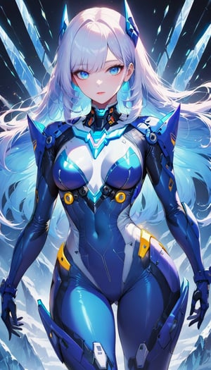 Best picture quality, high resolution, 8k, realistic, sharp focus, realistic image of elegant lady, Korean beauty, supermodel, pure white hair, blue eyes, wearing high-tech cyberpunk style blue Batgirl suit, radiant Glow, sparkling suit, mecha, perfectly customized high-tech suit, ice theme, custom design, 1 girl,swordup, looking at viewer,JeeSoo
