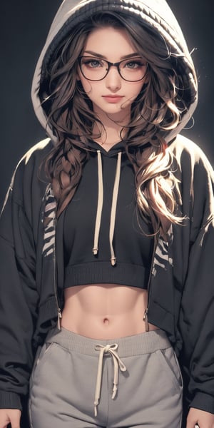 4k,best quality,masterpiece,20yo 1girl,(cropped sweatshirt),(demin pant), alluring smile, open hoodie,

(Beautiful and detailed eyes),
Detailed face, detailed eyes, double eyelids ,thin face, wearing glasses, real hands, muscular fit body, semi visible abs, ((short hair with long locks:1.2)), black hair, black background,


real person, color splash style photo,
