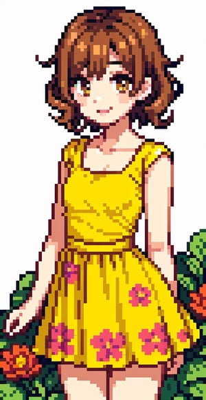 a beauty girl with short_curly 
year <20 years old>
brown_hair
curly_hair
small_body
smiling to viewer
dressed in a yellow dress with flower print,Pixel art
brown_eyes
scenary