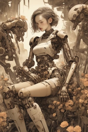 (absurdres, texture, insane-detailed):1.3, flat illustration, faded oil painting, sepia color, (focus on knee), science fiction, gallant, disorder, rotten, ancient android girl with rust and flowers crawling all over its body, A bird is on her hand. She looks a bird curiously. mechanical arms and hands,

