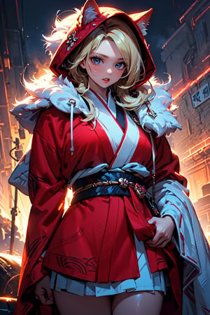 A girl with long blonde hair, fur hooded kimono, red hooded kimono, miniskirt, night streets. (Cinematic lighting, ethereal light, intricate details, extremely detailed, incredible details, full colored), complex details, hyper maximalist, masterpiece, best quality, HDR, UHD, unreal engine. head to thigh