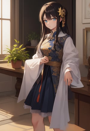 High Quality, Lossless, Clean, Raw, High Quality, Lossless, Clean, Raw, HD, girl, alone, clear lights, bangs in her hair, blue eyes, beautiful girl, perfect body, Color Booster,Realism, 1girl, solo, long hair, looking at viewer, skirt, black hair, hair ornament, long sleeves, standing, flower, indoors, wide sleeves, window, chinese clothes, table, plant, book stack