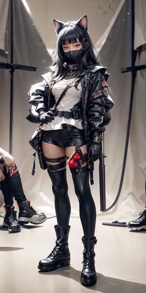 1girl, looking at viewer, long hair, blue eyes, gloves, holding gun, black  hair, standing, full body, weapon, boots, solo focus, black gloves, black footwear, holding weapon, armor, blurry, gun, military, holding gun, rifle, assault rifle,CAT WITCH,egypt,masked,1 girl,Void volumes,modern