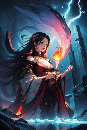 (masterpiece, top quality, best quality, official art, beautiful and aesthetic:1.2), (1girl), extreme detailed, (abstract, fractal art:1.3), long hair, isometric, highest detailed, (fire, water, ice, lightning), ghost