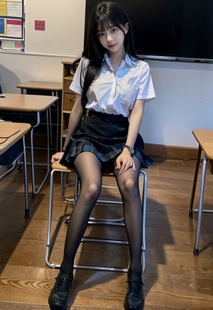 A school girl in school classroom. she is sitting on her chair. She is spreading her legs apart.
(best quality), ((masterpiece)), (highres), illustration, original, extremely detailed, (二次元大系·御姐篇_V1.0:0.7)zlqs, best quality, masterpiece, 

1girl, skirt, solo, neutral_expression, closed mouth, close_up, full_body, (full body:2),  sitting, legs_spread, legs_open, legs_apart, front_view, from_front_position, lifted_skirt,

blurry_background, desks, curtain, books, class_room, blackboard, whiteboard, wood_floor, wooden_floor,

school uniform, jewelry, jewelery, bracelet, blue skirt, plaid_skirt, pleated skirt, plaid, short sleeves, sneakers, white shirt, shirt, neck_tie, black_necktie, black_pantyhose, black pantyhose, socks_on_pantyhose, socks_above_pantyhose, white_socks, socks, white_underwear,white_panties,

straight_hair, long_hair, brown-hair, bangs, red_eyes, exposed_breast, uncovered_breasts, exposed_pantie, exposed_panty,