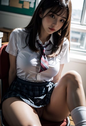 A school girl in school classroom. she is sitting on her chair. She is spreading her legs apart. Her hads are lifting her skirt to show viewer her pantie. 
(best quality), ((masterpiece)), (highres), illustration, original, extremely detailed, (二次元大系·御姐篇_V1.0:0.7)zlqs, best quality, masterpiece, 

1girl, skirt, solo, emotionless, neutral_expression, closed mouth, standing, upper_body, close_up, view_from_bellow, low_angle,head out of frame, foreshortening, panty_close_up, sitting, legs_spread, legs_open, legs_apart, front_view, from_front_position, skirt_lift, lifting_skirt, lifted_skirt,

simple background, blurry_background, 

gyaru, school uniform, jewelry, jewelery, bracelet,blue skirt, plaid_skirt, pleated skirt, white_strips_on_skirt, ,short sleeves, sneakers, white shirt, shirt, neck_tie, black_necktie, bangs, white_socks, socks, white_underwear,white_panties, holding_skirt, wet_shirt, wet_clothes,

straight_hair, long_hair, brown-hair, red_eyes, exposed_breast, uncovered_breasts, exposed_pantie, exposed_panty, milf,1 girl,