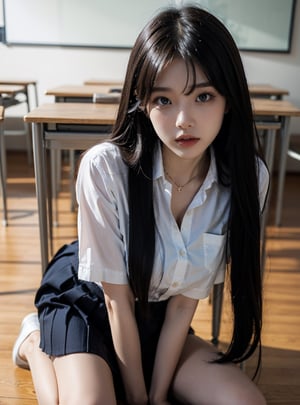 A 20 years old korean girl. She is in the classroom, sitting on her chair. Her breast shows through between the  unbuttoned part of the shirt. She is leaning toward the viewer. 

(best quality), ((masterpiece)), (highres), illustration, original, extremely detailed, (二次元大系·御姐篇_V1.0:0.7)zlqs, best quality, masterpiece, 

1girl, solo, looking at viewer, neutral_expression, closed mouth, leaning, leaning_forward, foreshortening, upper_body, face_close_up, closed_up_face, sitface, facing_viewer, close_to_viewer, legs_open, legs_apart,


classroom background, chair, desks, curtains, windows, wooden_floor, blurry_background,blurry_foreground, 

gyaru, school uniform, skirt, blue skirt,  (blue_skirt),pleated skirt, plaid skirt , shirt, white shirt, (white_shirt), unbuttoned_shirt, loosened_shirt, short sleeves, neck_ribbon,black_pantyhose, black pantyhose, panties, panties_under_pantiehose, panties_under_pantyhose, white_panties, shoes, sneakers, white_shoes,(white_shoes),

jewelry, bracelet, 
  
breasts, big_breasts,large breasts, gigantic_breasts, huge_boobs, huge_tits, breast_exposed, straight_hair, long_hair, brown-hair, bangs, 