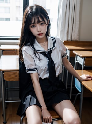 A 20 years old korean girl. She is in the classroom, sitting on the chair backward. 

(best quality), ((masterpiece)), (highres), illustration, original, extremely detailed, (二次元大系·御姐篇_V1.0:0.7)zlqs, best quality, masterpiece, 

1girl, skirt, solo, looking at viewer, neutral_expression, closed mouth, leaning, leaning_back, foreshortening, upper_body, face_close_up, sitface, sitting_backward, 

classroom background, chair, desks, curtains, windows, wooden_floor, blurry_background,blurry_foreground, legs_open, legs_apart,

gyaru, school uniform,black skirt,  jewelry, pleated skirt,plaid skirt,short sleeves, sneakers, white shirt, bracelet, shirt, serafuku, neckerchief, sailor collar,black_pantyhose, black pantyhose ,black sailor collar,pantie, panties, panty, ,
 
large breasts, straight_hair, long_hair, brown-hair, bangs,