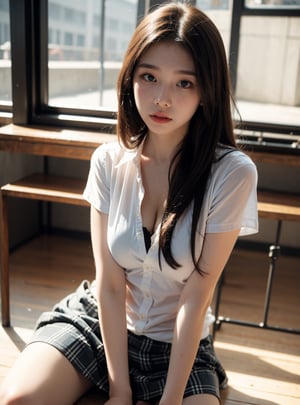 A 20 years old korean girl. She is in the classroom, sitting on her chair. Her breast shows through between the  unbuttoned part of the shirt. She is leaning toward the viewer. 

(best quality), ((masterpiece)), (highres), illustration, original, extremely detailed, (二次元大系·御姐篇_V1.0:0.7)zlqs, best quality, masterpiece, 

1girl, solo, looking at viewer, neutral_expression, closed mouth, leaning, leaning_forward, foreshortening, upper_body, face_close_up, closed_up_face, sitface, facing_viewer, close_to_viewer, legs_open, legs_apart,


classroom background, chair, desks, curtains, windows, wooden_floor, blurry_background,blurry_foreground, 

gyaru, school uniform, skirt, blue skirt,  (blue_skirt),pleated skirt, plaid skirt , shirt, white shirt, (white_shirt), unbuttoned_shirt, loosened_shirt, short sleeves, neck_ribbon, panties, white_panties, (white_pantie), knee_socks, 

jewelry, bracelet, 
  
breasts, big_breasts,large breasts, gigantic_breasts, huge_boobs, huge_tits, breast_exposed, straight_hair, long_hair, brown-hair, bangs, light_brown_eyes, shiny_eyes,

sweating, sweating_profusely, wet_clothes, wet_hair, mist, fog, 
