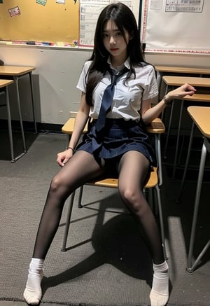 A school girl in school classroom. she is sitting on her chair. She is spreading her legs apart. Her hads are lifting her skirt to show viewer her pantie. 
(best quality), ((masterpiece)), (highres), illustration, original, extremely detailed, (二次元大系·御姐篇_V1.0:0.7)zlqs, best quality, masterpiece, 

1girl, skirt, solo, emotionless, neutral_expression, closed mouth, standing, upper_body, close_up, view_from_bellow, low_angle,head out of frame, foreshortening, panty_close_up, sitting, legs_spread, legs_open, legs_apart, front_view, from_front_position, skirt_lift, lifting_skirt, lifted_skirt,

simple background, blurry_background, 

gyaru, school uniform, jewelry, jewelery, bracelet,blue skirt, plaid_skirt, pleated skirt, white_strips_on_skirt, ,short sleeves, sneakers, white shirt, shirt, neck_tie, black_necktie, bangs, white_socks, socks, white_underwear,white_panties, holding_skirt, wet_shirt, wet_clothes, black_pantyhose ,

straight_hair, long_hair, brown-hair, red_eyes, exposed_breast, uncovered_breasts, exposed_pantie, exposed_panty, milf,1 girl,black pantyhose