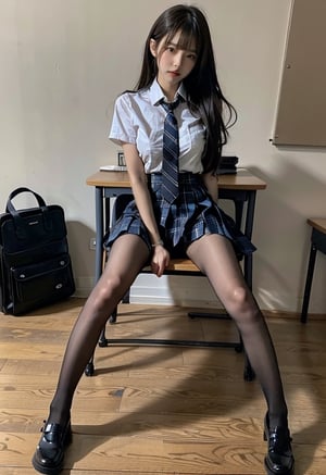 A school girl in school classroom. she is leaning on her desk.  She is spreading her legs apart. 
(best quality), ((masterpiece)), (highres), illustration, original, extremely detailed, (二次元大系·御姐篇_V1.0:0.7)zlqs, best quality, masterpiece, 

1girl, solo, female_solo, neutral_expression, closed mouth, close_up, full_body, (full body:2),  leaning, leaning on desk, leaning_back, legs_spread, legs_open, legs_apart, front_view, from_front_position, lifted_skirt,

blurry_background, desks, curtain, books, class_room, blackboard, whiteboard, wood_floor, wooden_floor, white_chalks, colored_chalks, backpacks,

school uniform, jewelry, jewelery, bracelet, blue skirt, plaid_skirt, pleated skirt, plaid, short sleeves, white shirt, shirt, neck_tie, black_necktie, black_pantyhose, black pantyhose, no_shoes, socks_on_pantyhose, socks_above_pantyhose, white_socks, socks, white_underwear,white_panties,

straight_hair, long_hair, brown-hair, bangs, red_eyes, exposed_breast, uncovered_breasts, exposed_pantie, exposed_panty,black_footwear,split