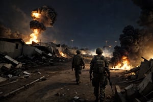 (masterpiece, top quality, best quality),(focus) large group of angry armed soldiers search opration, (toward camra)
,1 army guy using Flamethrowers,
the whole place is destroyed after air bombing.
look like islamic state,
