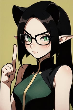 1woman(black hair, green eyes,), elf_ears, absurdres, highres, ultra detailed, (1girl:1.3)

,valoranviper,glasses,index finger raised
