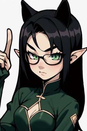 1woman(black hair, green eyes,), elf_ears, absurdres, highres, ultra detailed, (1girl:1.3)

,valoranviper,glasses,index finger raised